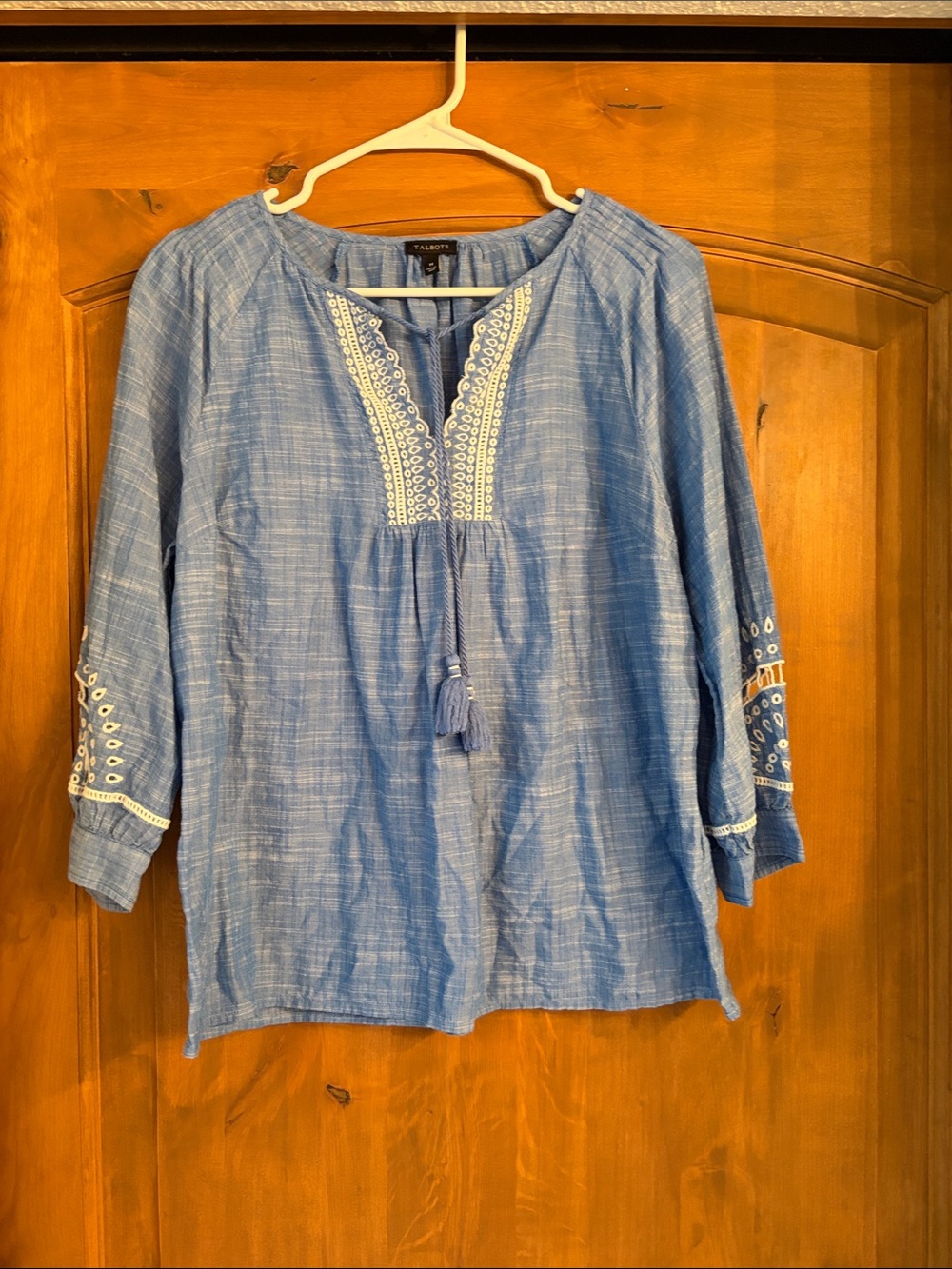 Talbots Light Blue Embroidered Tunic with Tassel Tie